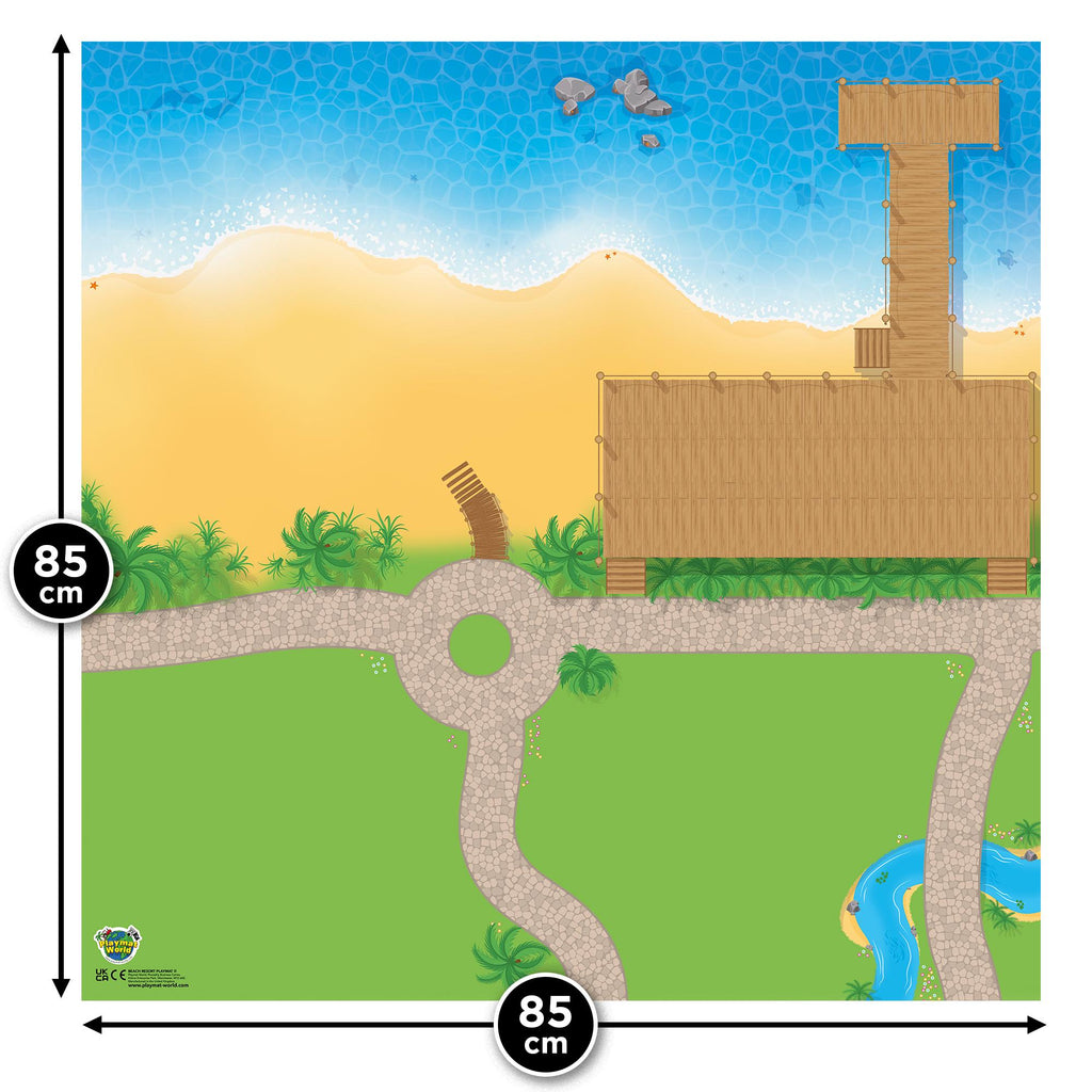 Beach Resort Playmat for Kids, Seaside & Ocean Adventure Playmat, Floor Scene Compatible with Toy Figures and Building Bricks, 85 x 85cm