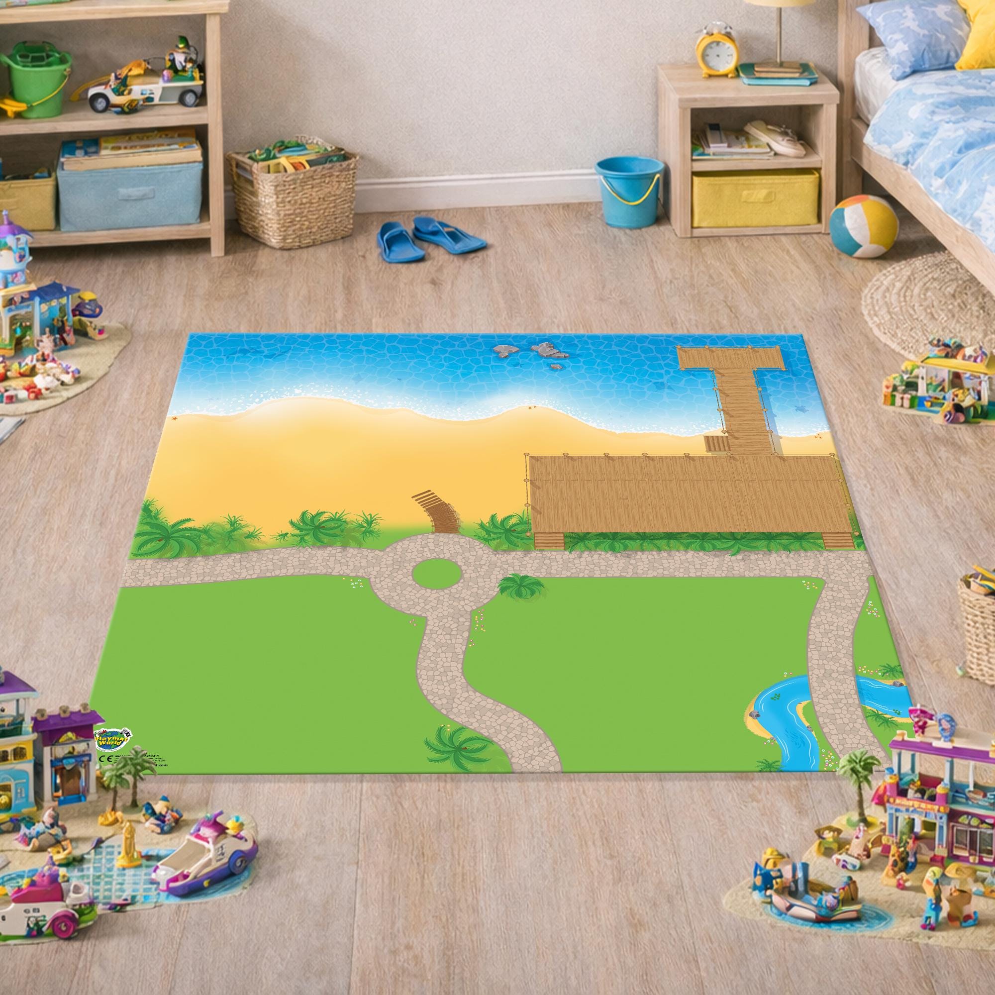 Beach Resort Playmat for Kids, Seaside & Ocean Adventure Playmat, Floor Scene Compatible with Toy Figures and Building Bricks, 85 x 85cm