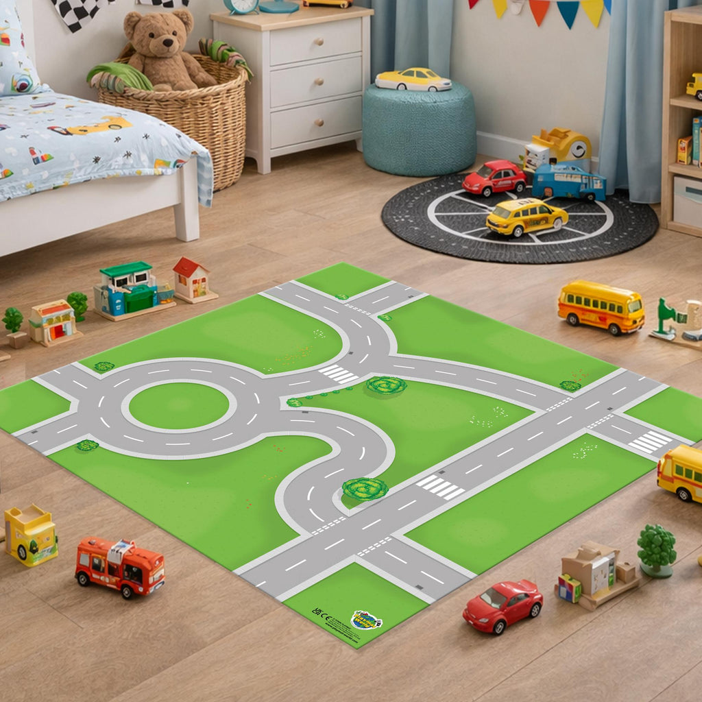 Roads Playmat for Toy Cars and buildings 85x85cm Road Town play Mat with Roundabout & Junctions combine with more for larger play area