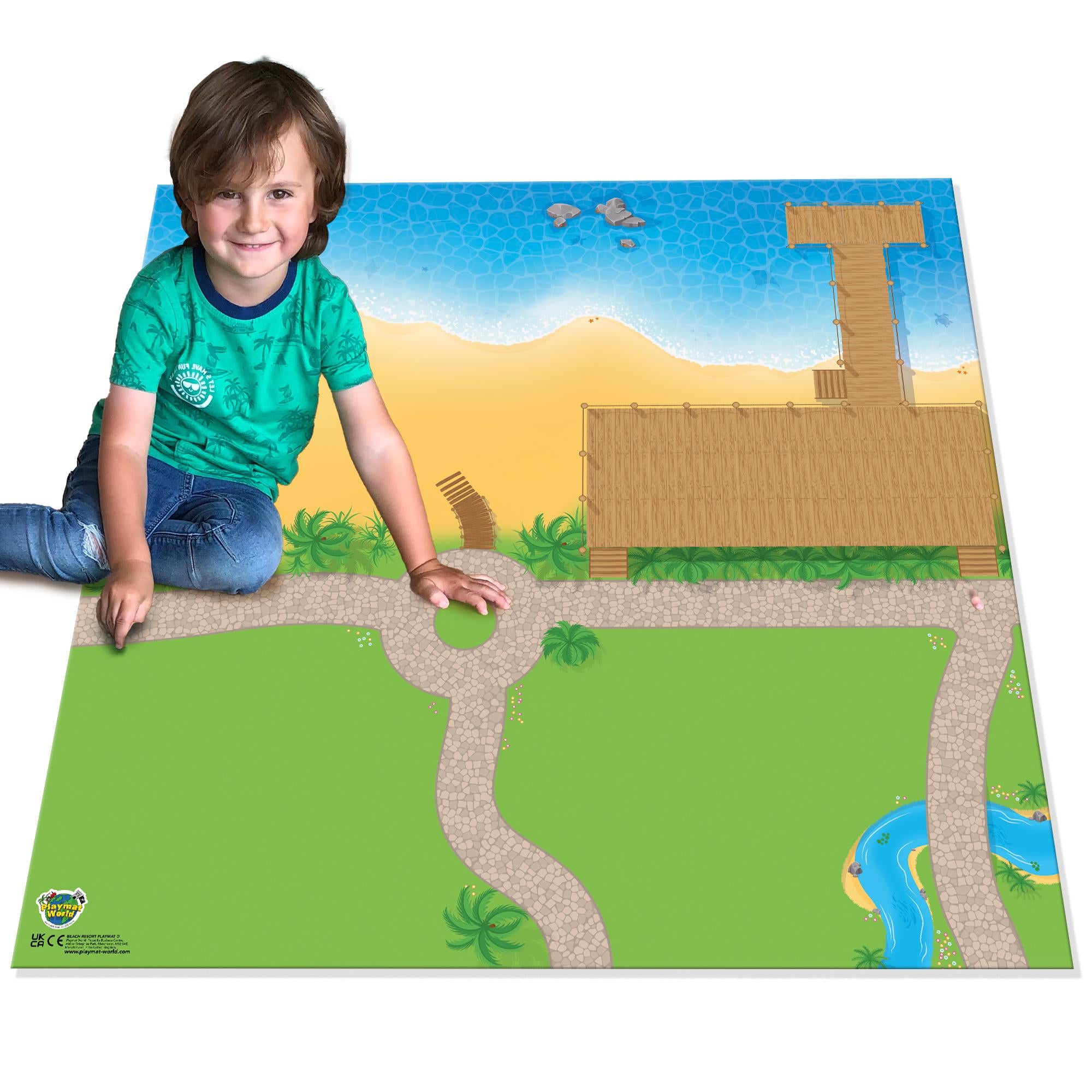 Beach Resort Playmat for Kids, Seaside & Ocean Adventure Playmat, Floor Scene Compatible with Toy Figures and Building Bricks, 85 x 85cm